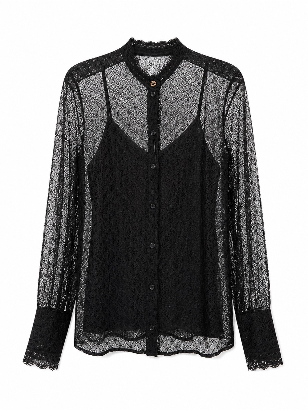 🚩stealGucci Black Sheer Lace Button-Up Blouse with Camisole